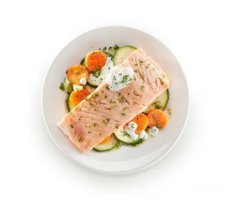 Steamed Salmon With Vegetables & Yogurt Sauce